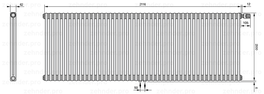 Схема (чертеж) Радиатор Zehnder Charleston 2200/46 №V008 Белый глянцевый RAL 9016